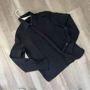 Theory Silk Shirt keyhole collared long sleeve blouse womens Black xsmall office